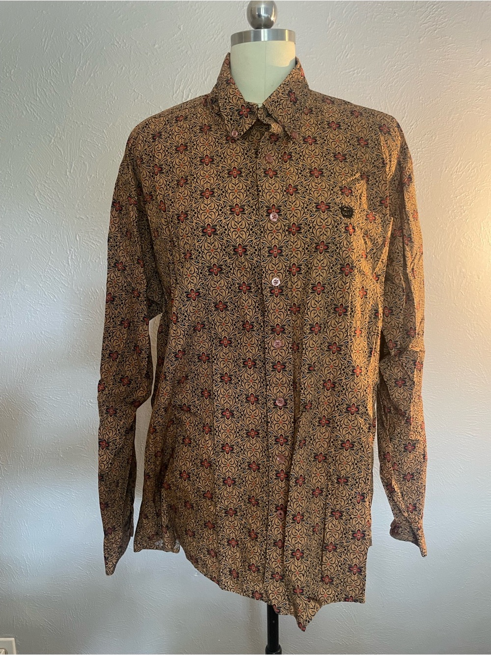 Cinch Brown Floral-Pattern Button-Down Shirt with Red Accents